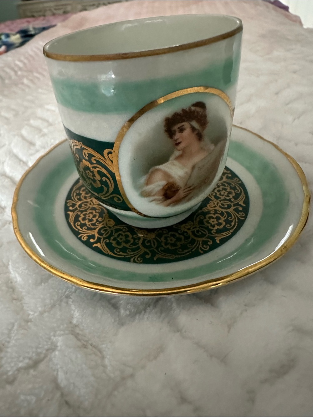 Schumann Bavaria Footed  Cu,p & saucer Seafoam & Gold Germany, vintage